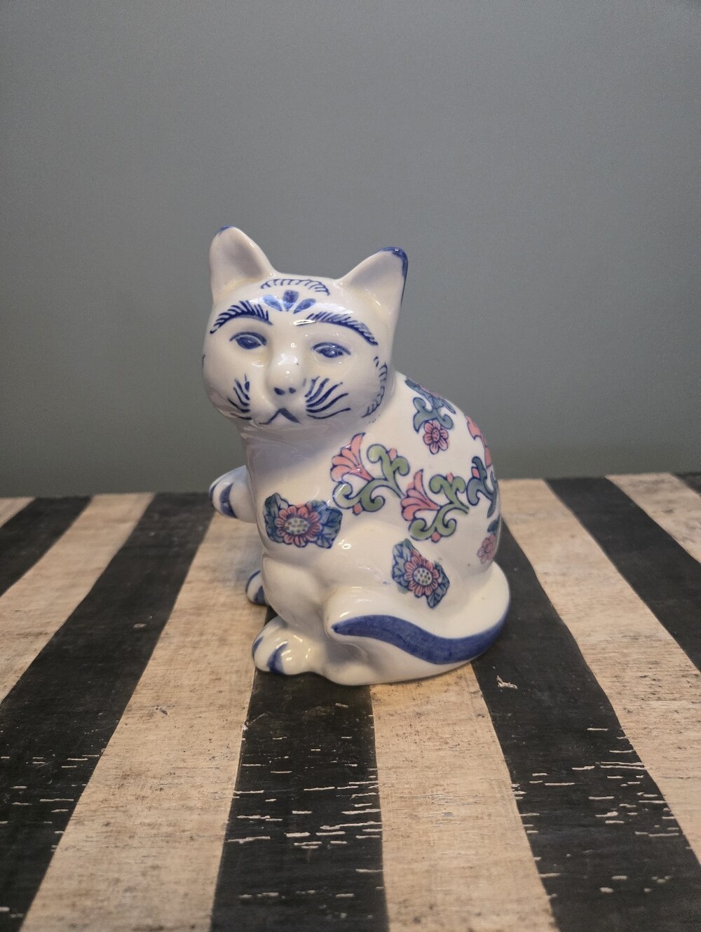 Vintage Chinese Ceramic Pink And Blue Floral Cat